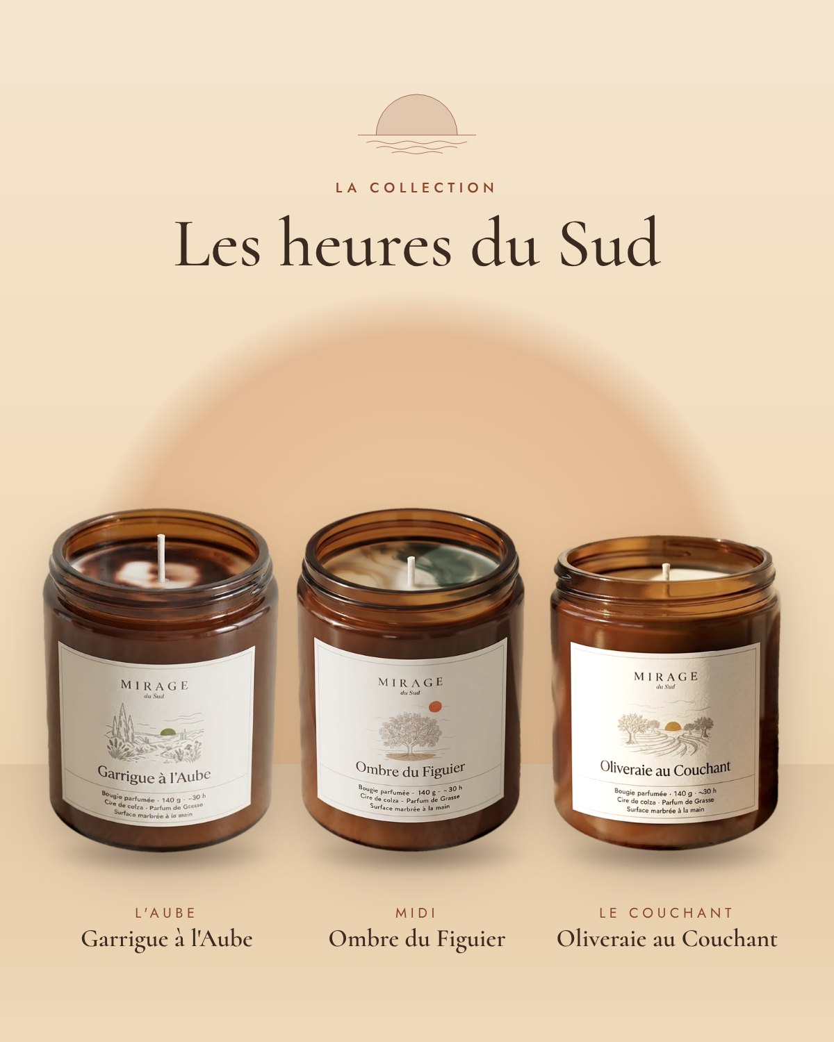 La collection Les heures du Sud : Garrigue à l'Aube, Ombre du Figuier et Oliveraie au Couchant côte à côte