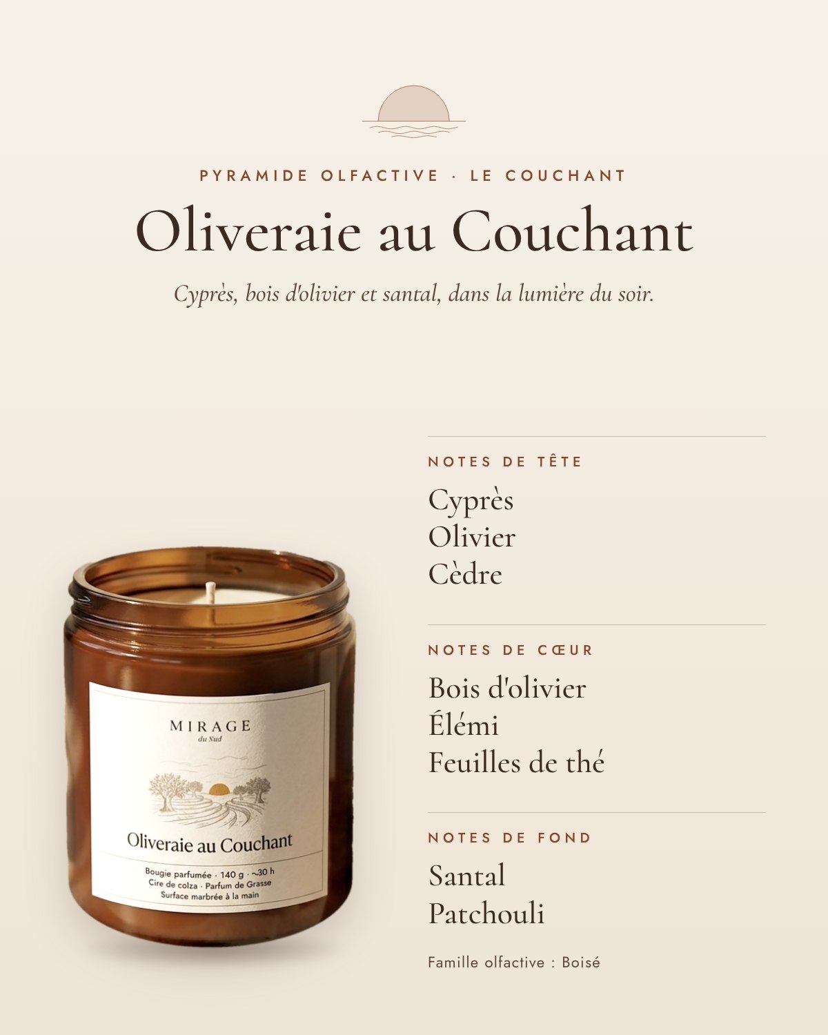 Pyramide olfactive d'Oliveraie au Couchant : notes de tête cyprès, olivier et cèdre, notes de cœur bois d'olivier, élémi et feuilles de thé, notes de fond santal et patchouli ; famille boisée