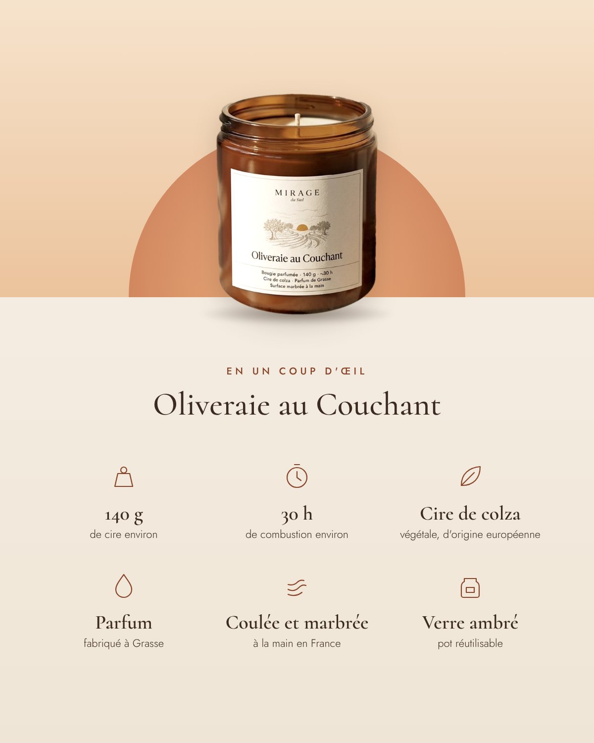 Oliveraie au Couchant en un coup d'œil : 140 g de cire environ, 30 h de combustion environ, cire de colza végétale d'origine européenne, parfum fabriqué à Grasse, coulée et marbrée à la main en France, pot en verre ambré réutilisable
