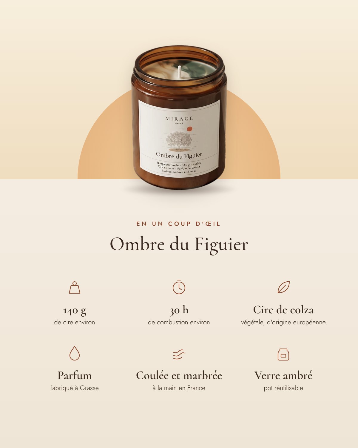 Ombre du Figuier en un coup d'œil : 140 g de cire environ, 30 h de combustion environ, cire de colza végétale d'origine européenne, parfum fabriqué à Grasse, coulée et marbrée à la main en France, pot en verre ambré réutilisable